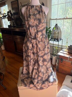 FAHERTY Soft Gray  Maxi Dress with Peach Leaf Print!